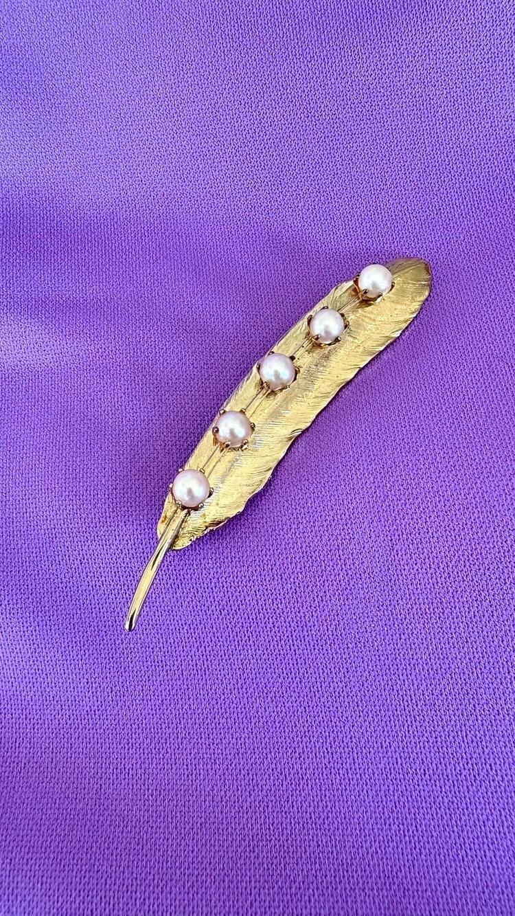 Gold Tone Feather Brooch with Faux Pearls Textured Vintage 1960s Boho